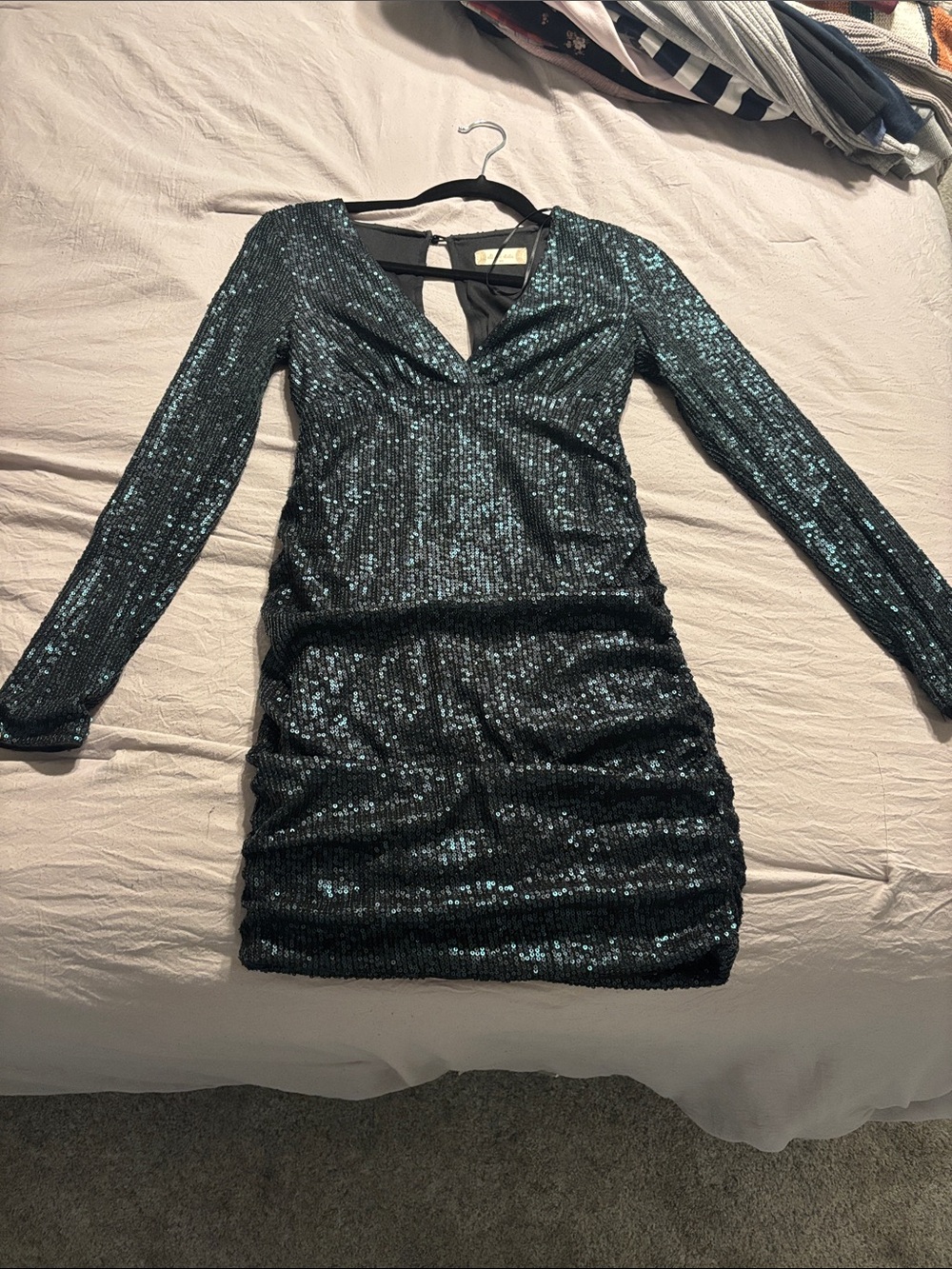 Altar'd State Teal Sequin Long Sleeve V-Neck Dress